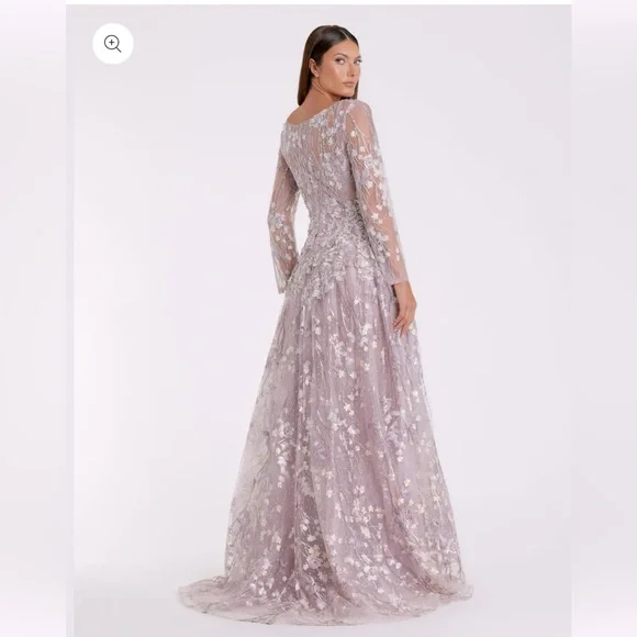 MWT MAC DUGGALEMBROIDERED LACE WRAP OVER ILLUSION LONG SLEEVE LILLAC GOWN